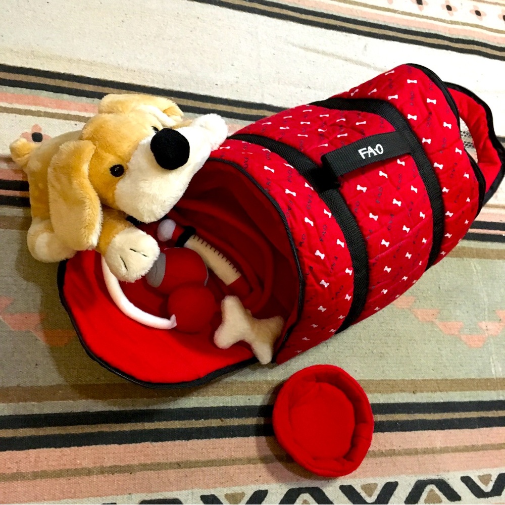 FAO Schwarz Dog plush & zipper carrier & vet tools good used condition red soft